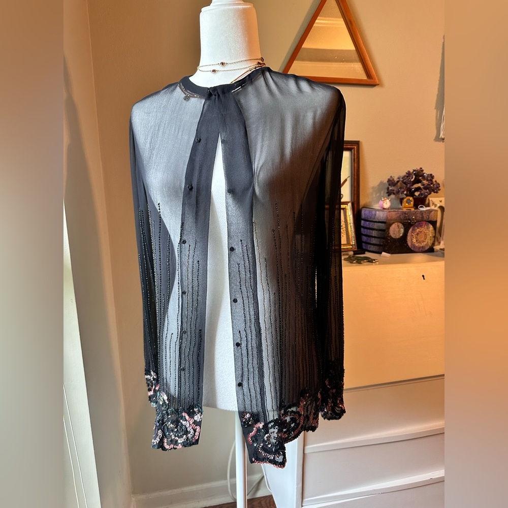 Elegant Sheer Black Blouse with Floral Accents